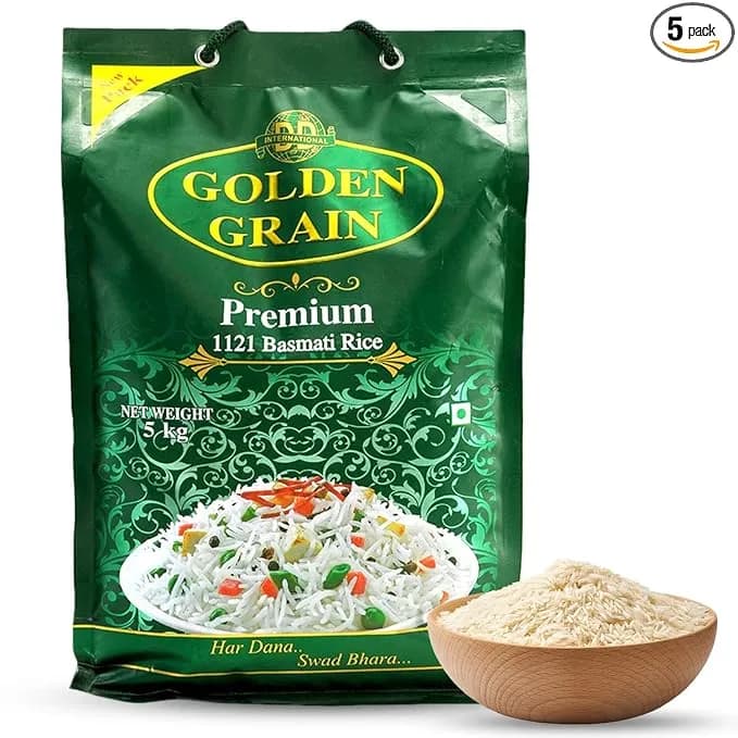 GOLDEN GRAIN Premium Basmati Rice 5Kg Extra Long Grain 3X with Rich Aroma Traditional Biryani Rice Naturally Aged & Non-Sticky Fluffy Basmati Grains Perfect Authentic Basmati Rice