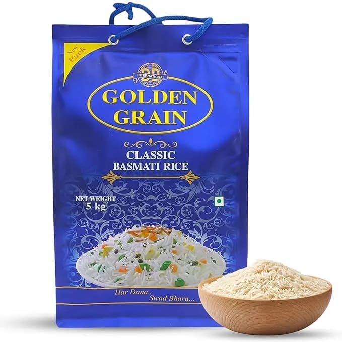 GOLDEN GRAIN Classic Basmati Rice 1Kg | Long Grain 3X With Rich Aroma Naturally Aged & Non-Sticky / Fluffy Basmati Grains /  Perfect Authentic Super Basmati Rice, Pulao Rice