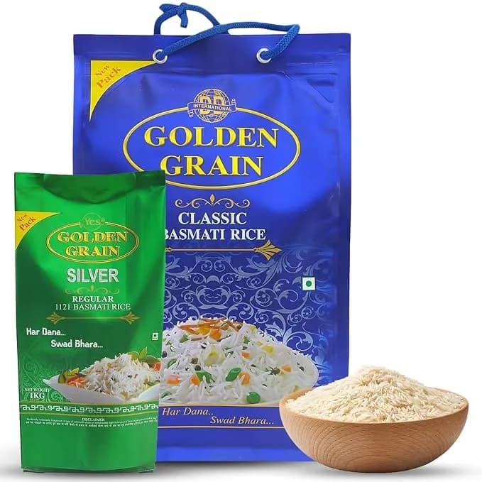 GOLDEN GRAIN Classic Basmati Rice 5Kg + Silver Regular 1Kg Combo Long Grain 3X With Rich Aroma Naturally Aged & Non-Sticky  Fluffy Basmati Grains  Perfect Authentic Super Basmati Rice, Pulao Rice